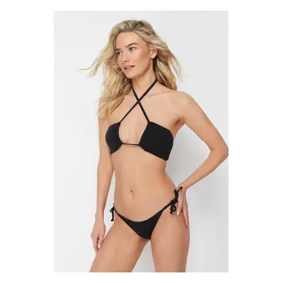 Trendyol Black Tie-Up Textured Regular Bikini Bottom