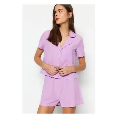 Trendyol Lilac Terrycotton Shirt-Shorts Woven Pajama Set