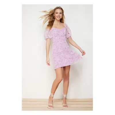 Trendyol Lilac Floral Print A-Cut Chiffon Lined Mini Woven Dress