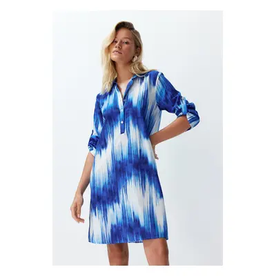 Trendyol Abstract Patterned Belted Midi 100% Cotton Beach Dress with Woven Ribbon Accessories