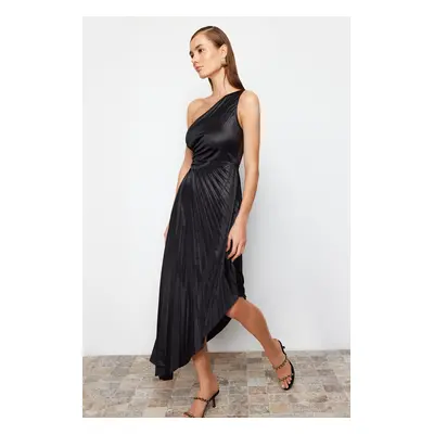 Trendyol Black Asymmetrical Pleat Detailed Knitted Satin Elegant Evening Dress