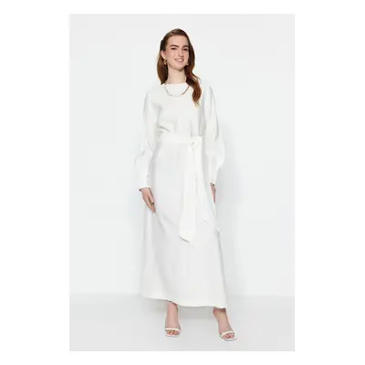 Trendyol White Wide Belted Zipper Cuffed Unlined Linen Look Dress