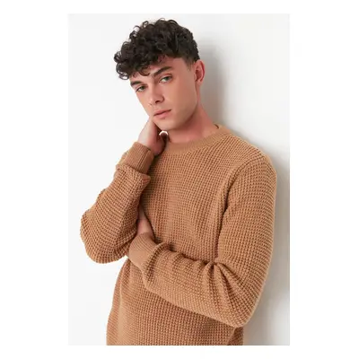 Trendyol Camel Regular Fit Crew Neck Textured Basic Knitwear Sweater