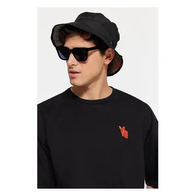 Trendyol Black Oversize Crew Neck Short Sleeve Fox Embroidered 100% Cotton T-Shirt