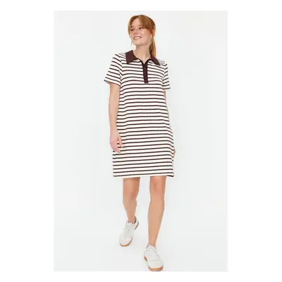 Trendyol Brown and White Striped Polo Neck A-Line/A-Line Form Knitted Dress