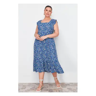 Trendyol Curve Navy Blue A-Line Midi Ruffled Floral Patterned Woven Dress