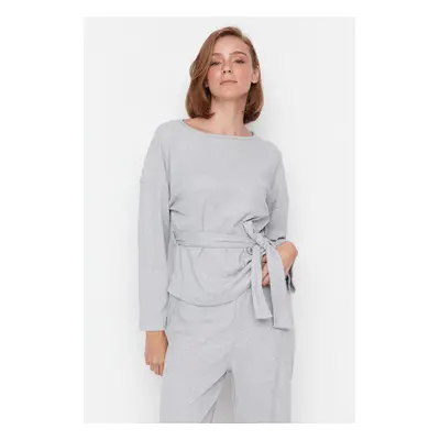 Trendyol Gray Sash Detail Ribbed Wide Fit Knitted Pajamas Set