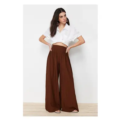 Trendyol Pleat Detailed Wide Leg Dark Brown Textured Fabric Woven Trousers