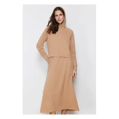 Trendyol Camel Oversize Hooded Knitted Sweatshirt Dress