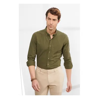 ALTINYILDIZ CLASSICS Men's Khaki Slim Fit Slim Fit Buttoned Collar 100% Cotton Shirt