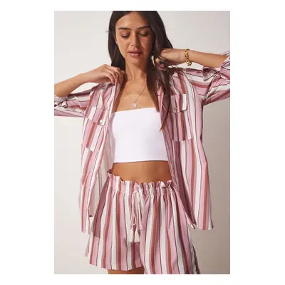 Happiness İstanbul Women's Pink Striped Linen Viscose Shirt Shorts Set