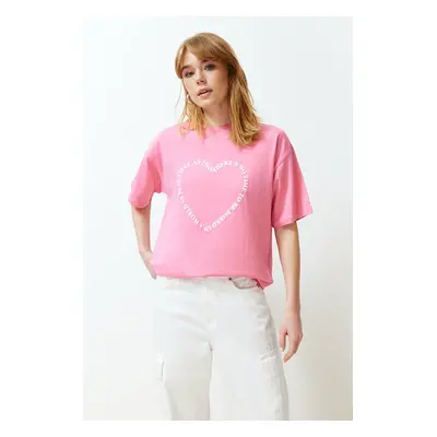 Trendyol Pink 100% Cotton Heart Motto Printed Oversize/Casual Fit Knitted T-Shirt