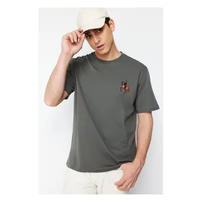 Trendyol Grey Oversize/Wide Cut Horse/Animal Embroidered Short Sleeve 100% Cotton T-Shirt