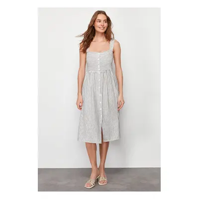 Trendyol Ecru Buttoned Striped Linen Look Midi Woven Dress