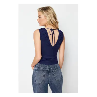 Trendyol Navy Blue Gathered Back Detail Crop Knitted Blouse