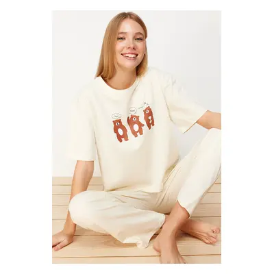 Trendyol Beige Cotton Teddy Bear Printed T-shirt-Pants Knitted Pajama Set