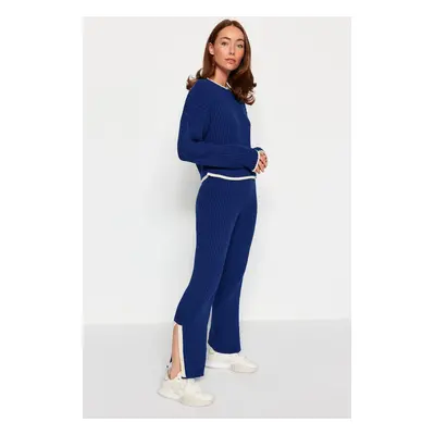 Trendyol Navy Blue Corded Color Blocked Knitwear Bottom-Top Set