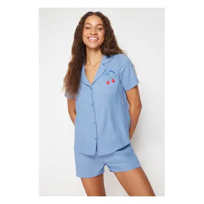 Trendyol Blue Cherry Embroidered Woven Pajamas Set