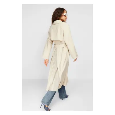 Trendyol Beige Oversize Wide Cut Chiffon Detail Pleated Trench Coat