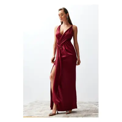 Trendyol Burgundy Woven Satin Long Evening Evening Dress