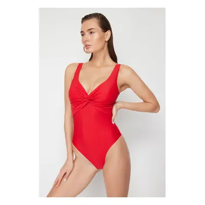 Trendyol Red V Neck Knotted High Leg Regular Swimsuit