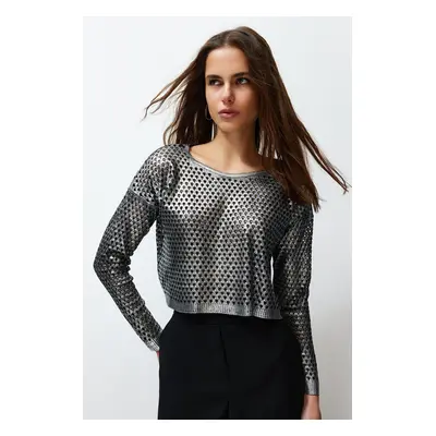 Trendyol Silver Foil Printed Openwork/Hole Knitwear Sweater