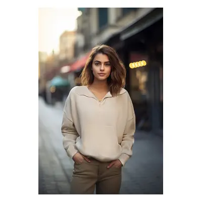 Trendyol Beige Thessaloniki/Knitwear Look Zippered Relaxed/Comfortable Fit Knitted Sweatshirt