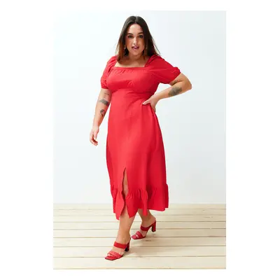 Trendyol Curve Red Crew Neck Skirt Ruffle Woven Dress