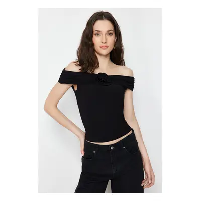 Trendyol Black Carmen Collar Rose Detailed Crop Stretchy Knitted Madonna Collar Blouse