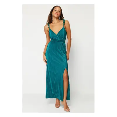 Trendyol Emerald Green Belted A-Cut Lined Pleated Knitted Elegant Evening Dress