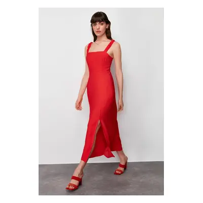 Trendyol Red Straight Cut Back Tie Detailed Midi Woven Dress