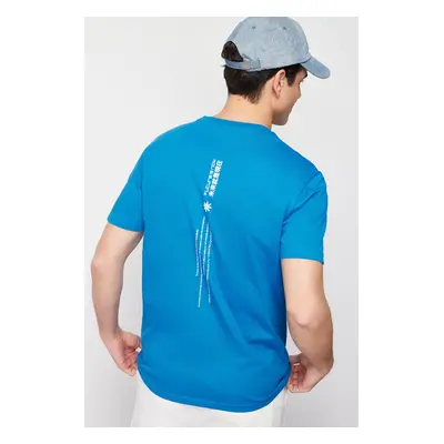 Trendyol Blue Regular Cut Text Printed Embroidered 100% Cotton Short Sleeve T-Shirt