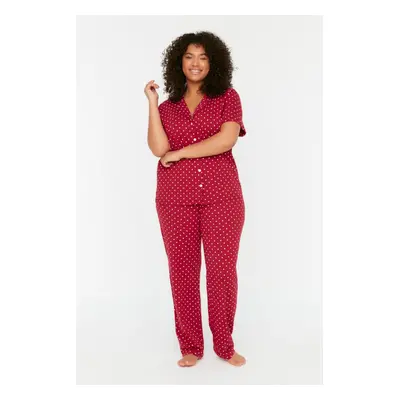 Trendyol Curve Claret Red Printed Knitted Buttons Pajamas Set