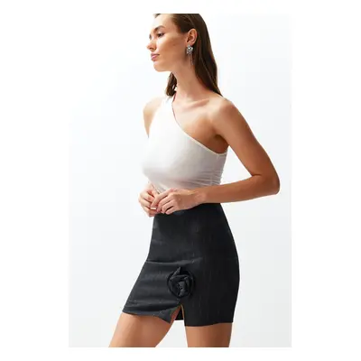 Trendyol Anthracite Rose Detailed Striped Woven Mini Skirt