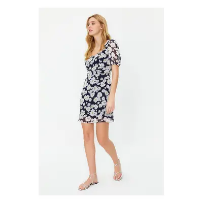 Trendyol Navy Floral A-line Chiffon Mini Lined Woven Dress