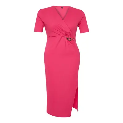 Trendyol Curve Fuchsia Midi Knitted Dress with Accessory Detail