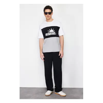 Trendyol Black Oversize/Wide Cut Text Printed Color Block 100% Cotton Short Sleeve T-Shirt