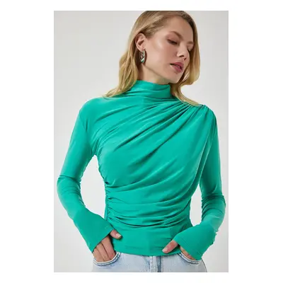 Happiness İstanbul Women's Light Green Gathered Detailed High Neck Sandy Blouse