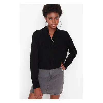 Trendyol Black Crop Zippered Stand Collar Basic Knitwear Sweater