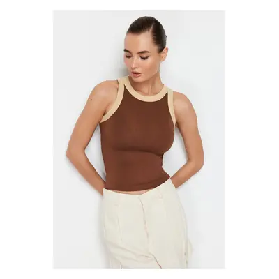 Trendyol Brown Barbell Neck Contrast Piping Detail Ribbed Elastic Knitted Undershirt