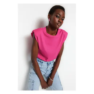 Trendyol Fuchsia 100% Cotton Padded Crop Crew Neck Knitted T-Shirt