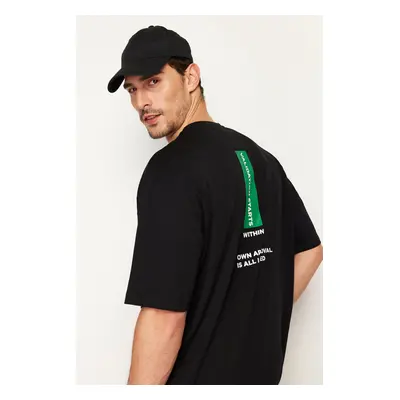 Trendyol Black Oversize/Wide Cut Text Printed 100% T-Shirt