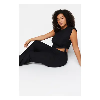 Trendyol Curve Black Waistband Knitted Crop Blouse with Gathered Sides