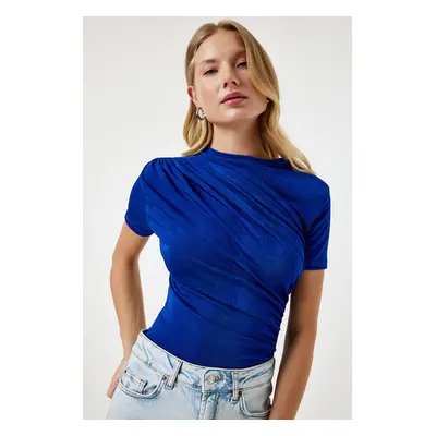 Happiness İstanbul Women's Blue Gathered Detailed Viscose Blouse