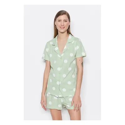 Trendyol Mint 100% Cotton Polka Dot Shirt-Shorts Knitted Pajama Set