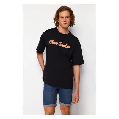 Trendyol Black Oversize/Wide Cut Letter Applique Embroidered 100% Cotton Short Sleeve T-Shirt