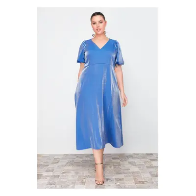 Trendyol Curve Navy Blue Balloon Sleeve Metallic Woven Dress