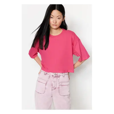 Trendyol Fuchsia 100% Cotton Premium Crop Crew Neck Knitted T-Shirt