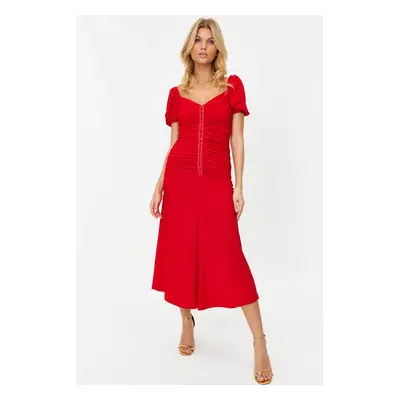 Trendyol Red Fitted Snake Knitted Elegant Evening Dress