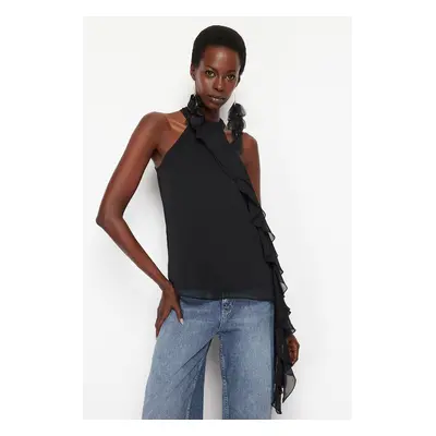 Trendyol Black Ruffled Unlined Woven Chiffon Blouse